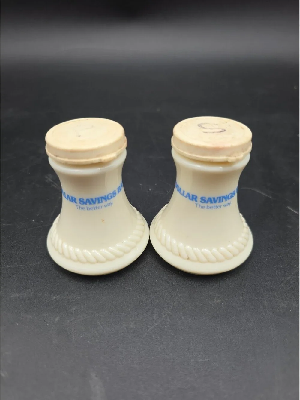 Box #1 Vintage Dollar Savings Bank Advertisement Milk Glass Salt Pepper Shakers